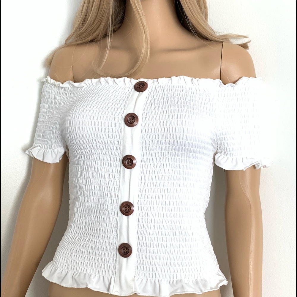 ORANGE KISS WHITE SMOCKED OFF SHOULDER TOP SZ L